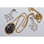 A PAIR OF 9CT WHITE GOLD DROP EARRINGS AND A SILVER GILT SAPPHIRE PENDANT NECKLET, each earring
