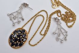 A PAIR OF 9CT WHITE GOLD DROP EARRINGS AND A SILVER GILT SAPPHIRE PENDANT NECKLET, each earring