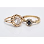 TWO 9CT GOLD GEMSTONE RINGS, to include a sapphire and diamond small oval cluster ring, ring size