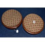 A PAIR OF VICTORIAN WALNUT AND TUNBRIDGE WARE CIRCULAR FOOTSTOOLS, tapestry upholstered tops, on
