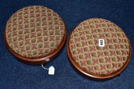 A PAIR OF VICTORIAN WALNUT AND TUNBRIDGE WARE CIRCULAR FOOTSTOOLS, tapestry upholstered tops, on