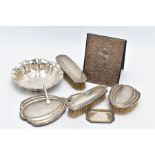 A CONTINENTAL SILVER VANITY SET AND OTHER ITEMS, the vanity set includes a mirror, hair brush and