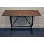A RECTANGULAR CAST IRON PUB TABLE with a mahogany top, width 106cm x depth 45cm x height 74cm