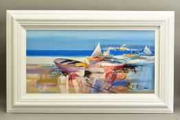 FABIO CONSTANTINO (ITALIAN 1952) 'HARBOUR REFLECTIONS VI', boats on a beach at low tide, signed