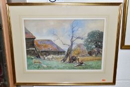 SIR DAVID MURRAY R.A. R.S.W. (1849-1933) 'IN THE FARMYARD', sheep before farm buildings, signed