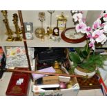 SUNDRY ITEMS to include brass candlesticks, battery operated brass mantle clock, miniature clocks,