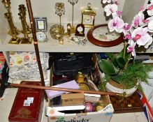 SUNDRY ITEMS to include brass candlesticks, battery operated brass mantle clock, miniature clocks,