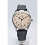 A HAND WOUND OMEGA WRISTWATCH, circa 1943, cream dial with Arabic numerals, black spade hands with a