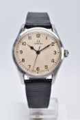 A HAND WOUND OMEGA WRISTWATCH, circa 1943, cream dial with Arabic numerals, black spade hands with a