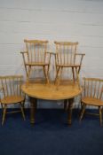 A PINE DROP LEAF KITCHEN TABLE, and four beech armchairs (5)