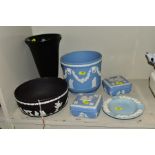 WEDGWOOD JASPER WARE, ETC, comprising a black bowl, blue jardiniere, two square boxes with lids,