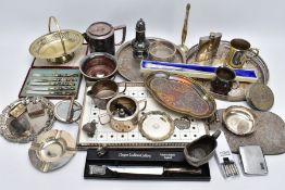 A BOX OF METALWARE, to include a rectangular ceramic and white metal double handled tray, two floral