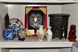 A GROUP OF EASTERN ITEMS, to include boxed modern Chinese 3D Dragon head, framed, total size 33cm