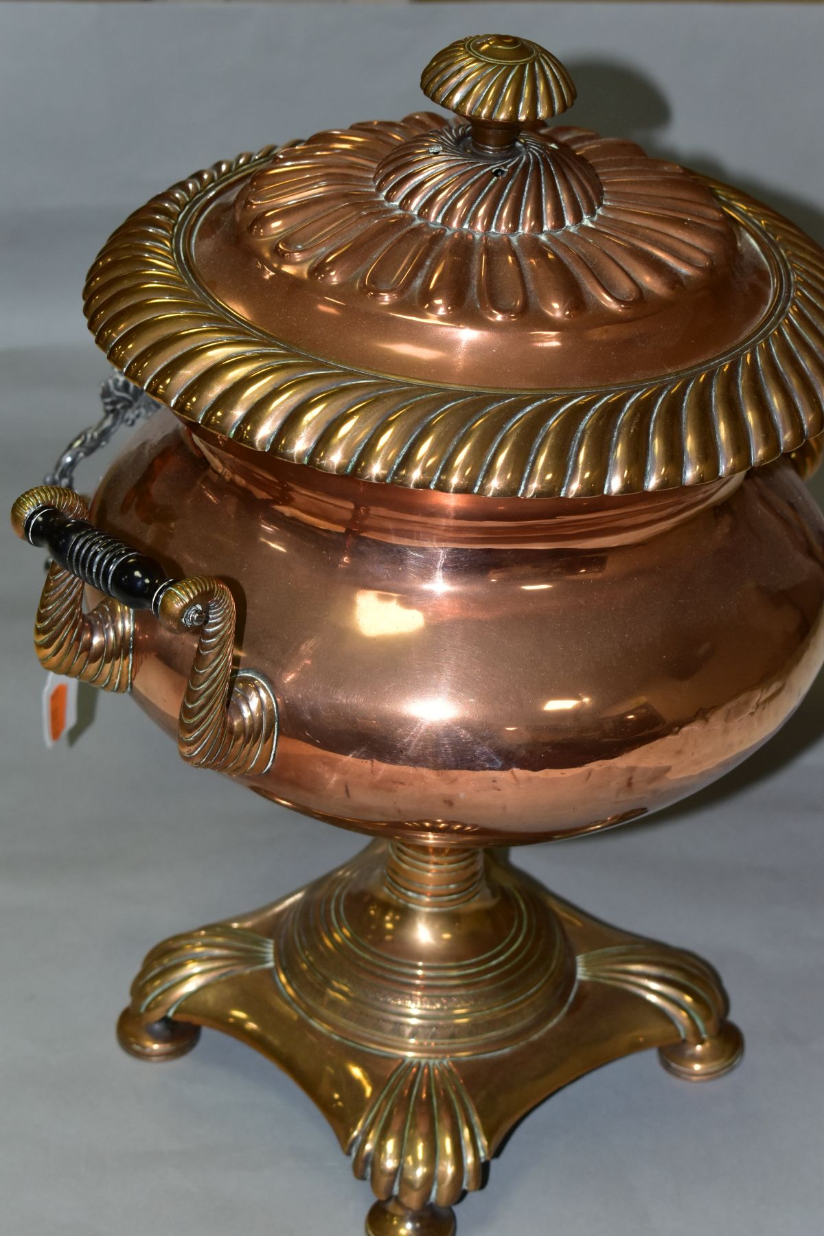A VICTORIAN COPPER URN SAMOVAR, the circular pull off cover with fluted and gadrooned decoration, - Image 6 of 7