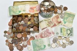 TWO TINS CONTAINING WORLD COINS, A LITTLE SILVER, to include some banknotes