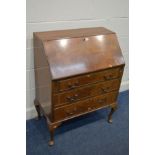 AN EARLY TO MID 20TH WALNUT FALL FRONT BUREAU, on cabriole legs, width 76cm x depth 46cm x height