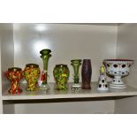 A COLLECTION OF EIGHT PIECES OF 20TH CENTURY CONTINENTAL/SWEDISH COLOURED GLASSWARE, including two