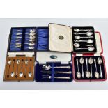 FIVE CASED SETS OF CUTLERY, to include a six piece set of silver coffee spoons with coffee bean