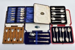 FIVE CASED SETS OF CUTLERY, to include a six piece set of silver coffee spoons with coffee bean