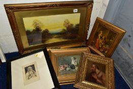 PAINTINGS AND PRINTS to include a Victorian oil on panel of a Biblical male figure holding a cloak