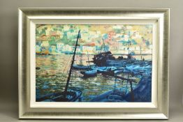 ROLF HARRIS (AUSTRALIA 1930) 'GREEK FISHING VILLAGE', an impressionist style harbour scene,