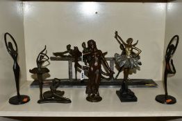 SIX BRONZED METAL AND RESIN FIGURES/GROUPS OF BALLET DANCERS AND A CLASSICAL FIGURE, various