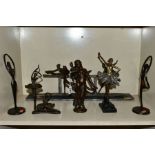 SIX BRONZED METAL AND RESIN FIGURES/GROUPS OF BALLET DANCERS AND A CLASSICAL FIGURE, various