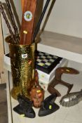 SUNDRY ITEMS etc, to include a brass stick stand, carved root walking sticks, walking stick with