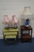 A BRASS AND ONYX NEST OF THREE TABLES, together with a mahogany lamp table with a single drawer, and
