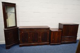 A MODERN MAHOGANY GLAZED SINGLE DOOR CORNER CUPBOARD, together with a three drawer sideboard, two