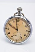 A WWII MILITARY OPENFACED POCKET WATCH, discoloured silver dial signed 'Recta' Arabic numerals,