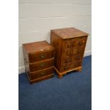 A MODERN YEWWOOD CAMPAIGN CHEST OF THREE DRAWERS, width 46cm x depth 38cm x 65cm along with a