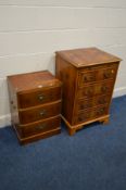 A MODERN YEWWOOD CAMPAIGN CHEST OF THREE DRAWERS, width 46cm x depth 38cm x 65cm along with a