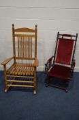 AN EDWARDIAN MAHOGANY AMERICAN ROCKING CHAIR, together with a modern beech rocking chair (2)