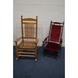 AN EDWARDIAN MAHOGANY AMERICAN ROCKING CHAIR, together with a modern beech rocking chair (2)