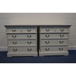 A PAIR OF CREAM FINISH CHEST OF TWO SHORT OVER THREE LONG GRDUATING DRAWERS, with swan neck handles,