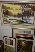 PAINTINGS AND PRINTS ETC, to include a winter landscape, indistinctly signed, oil on canvas, size