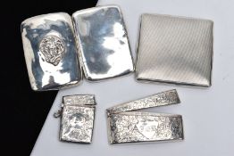 A SILVER CARD CASE, TWO CIGARETTE CASES AND VESTA, to include a curved rectangular card case with