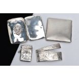 A SILVER CARD CASE, TWO CIGARETTE CASES AND VESTA, to include a curved rectangular card case with