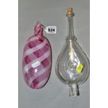 A NAILSEA STYLE PINK AND WHITE GLASS FLASK, the colours in a criss crossed design, height 19.5cm,