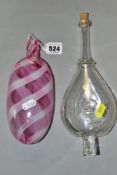 A NAILSEA STYLE PINK AND WHITE GLASS FLASK, the colours in a criss crossed design, height 19.5cm,