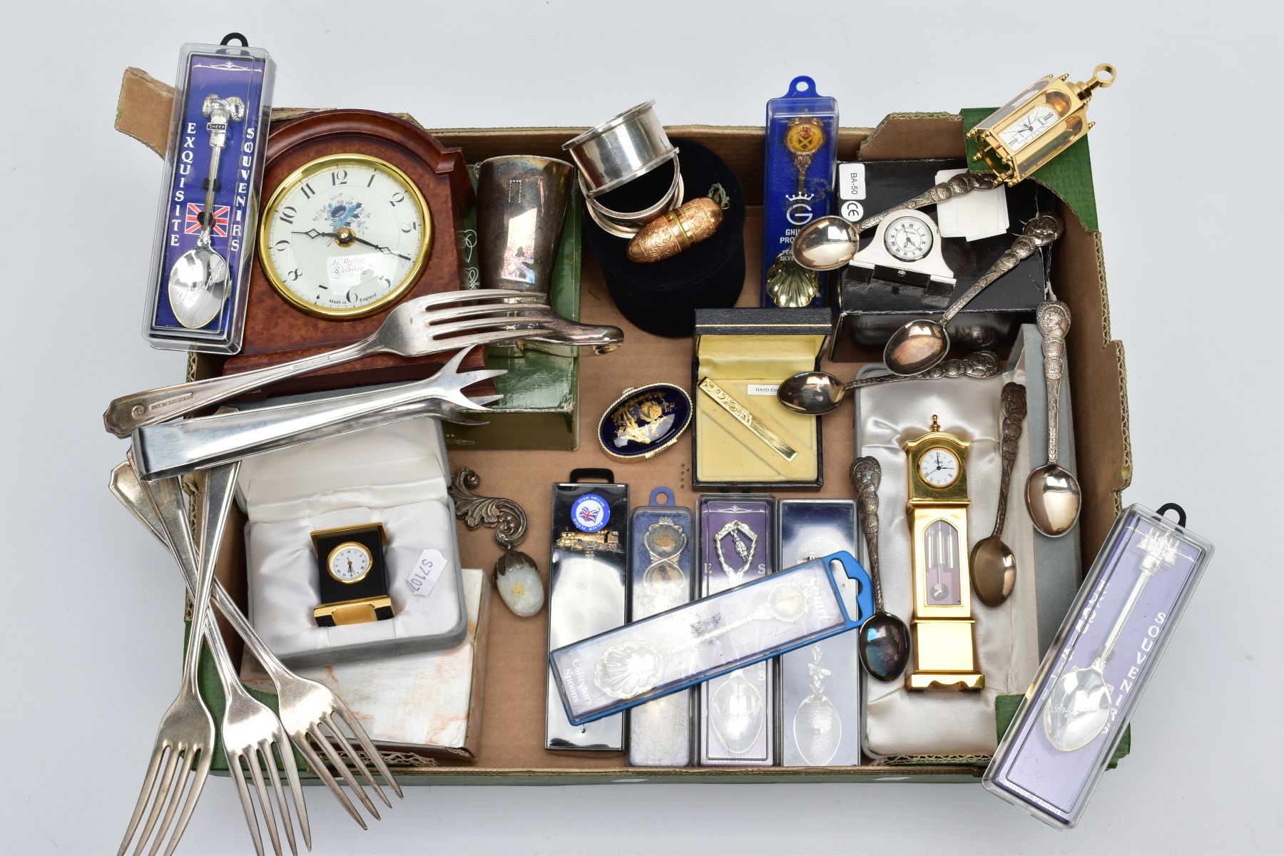 A BOX OF MISCELLANEOUS ITEMS, to include two plain polished silver napkin rings, hallmarked