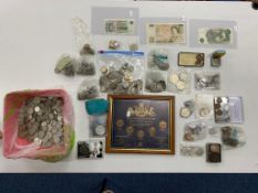 TWO BOXES CONTAINING COINS, BANKNOTES AND COMMEMORATIVES, to include over 2.7 kilos of