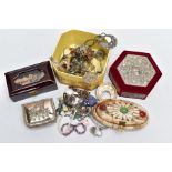 A SELECTION OF ITEMS, to include three jewellery boxes such as an oval carved horn panelled box