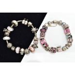 A PANDORA CHARM BRACELET AND ONE OTHER, the Pandora bracelet fitted with sixteen charms in forms