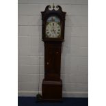 A GEORGE III MAHOGANY EIGHT DAY LONGCASE CLOCK, the hood with a brass finial between a swan neck