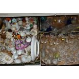 FOUR BOXES OF CERAMIC ORNAMENTS AND GLASS ETC, to include Minton trinket box, continental tea wares,