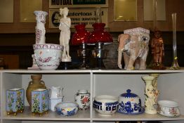 A GROUP OF VASES, JARDINIERES, MODERN OIL LAMPS, ETC, to include a large Blakeney blue and white