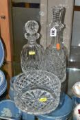 TWO WATERFORD CRYSTAL DECANTERS AND A CIRCULAR WATERFORD BOWL, the smaller decanter in the Lismore