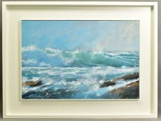 JAMES BARTHOLOMEW (BRITISH CONTEMPORARY) 'HEAVY SURF', rough seas off a Cornish beach, signed bottom
